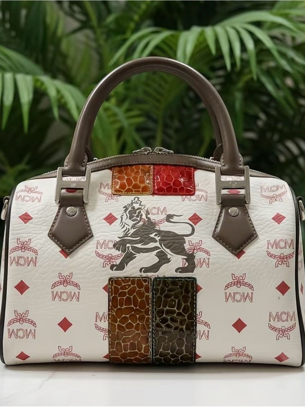 MCM White Logo Print Leather Satchel with Multicolor Croc Accents